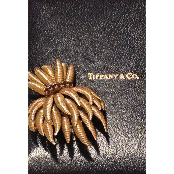 Tiffany & Co. 18K Gold Italian Brooch With Ruby Accents Elegant Floral Design Si - Picture 1 of 7